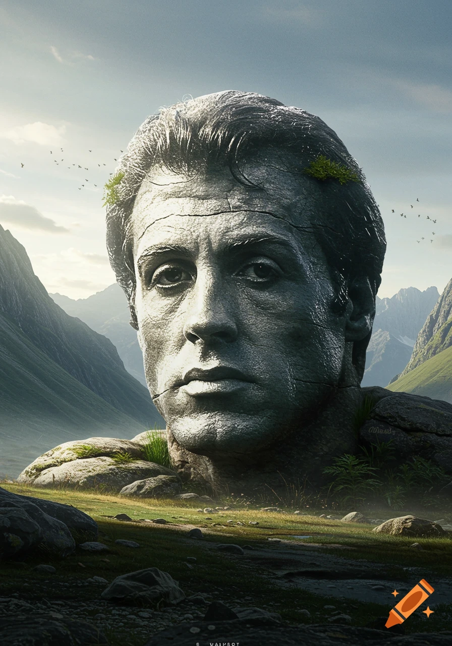 A massive, photorealistic rock formation resembling Sylvester Stallone's face in a vast, green mountain landscape.