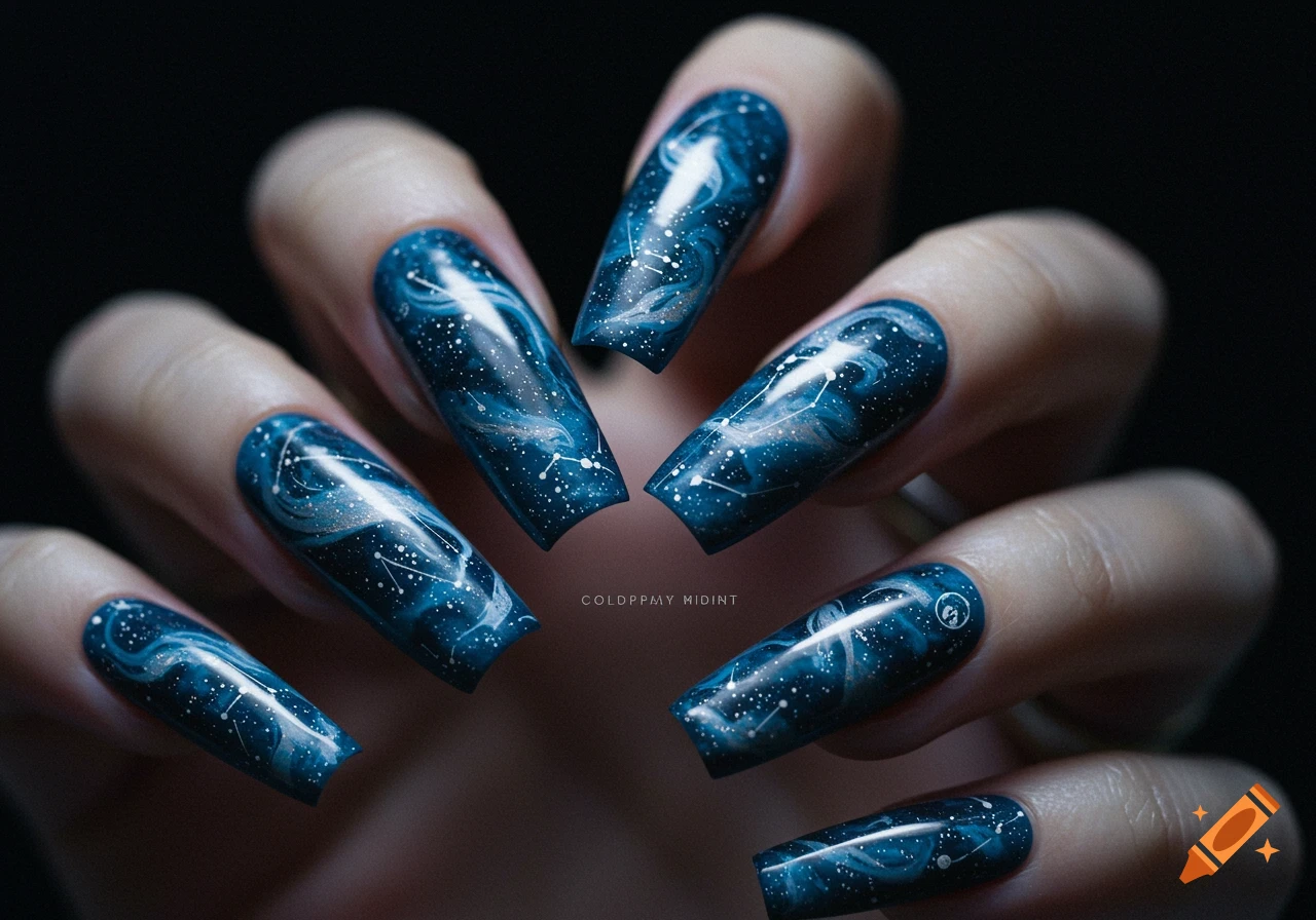 Close-up of a hand with long, dark blue coffin nails painted with galaxy patterns and constellations.