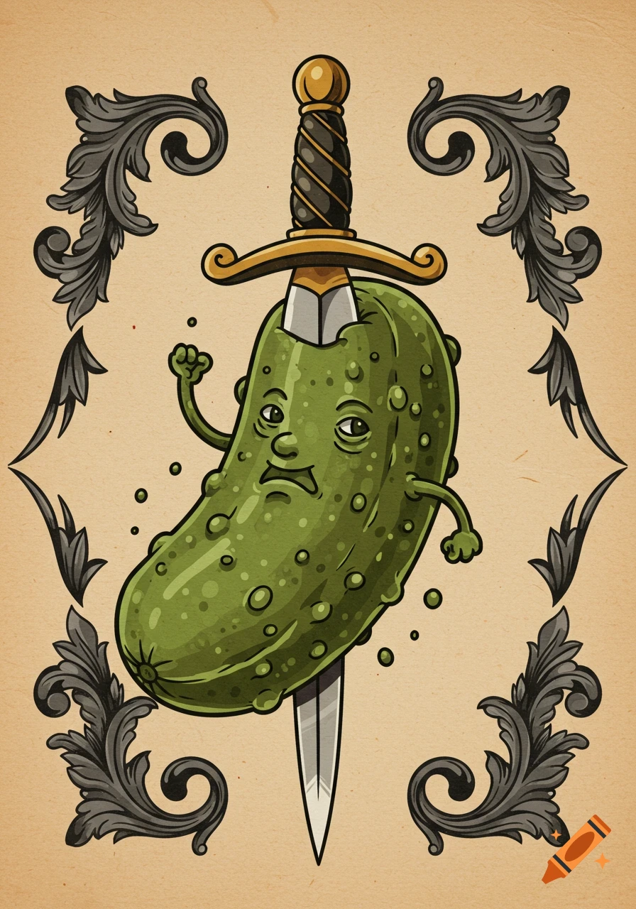 A traditional tattoo-style illustration of an angry pickle with a sword through it, surrounded by ornate black scrollwork.