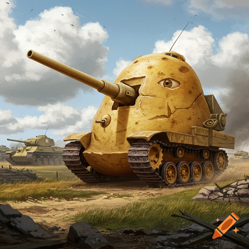 A surreal image of a large, potato-shaped tank with a cannon and an eye, on a battlefield with other tanks.