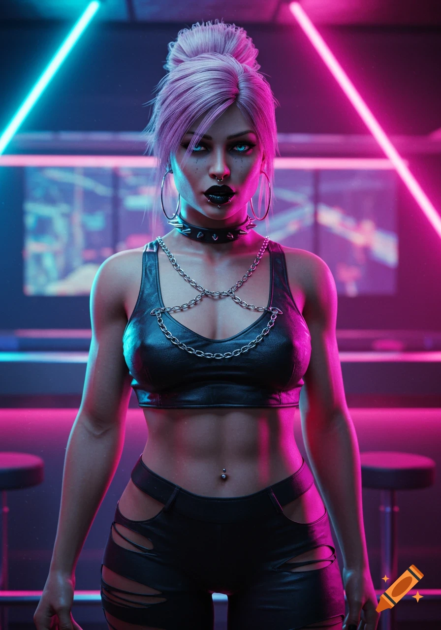 A photorealistic portrait of a grunge-cyberpunk woman with pink hair in a black leather outfit, standing in a neon-lit nightclub.