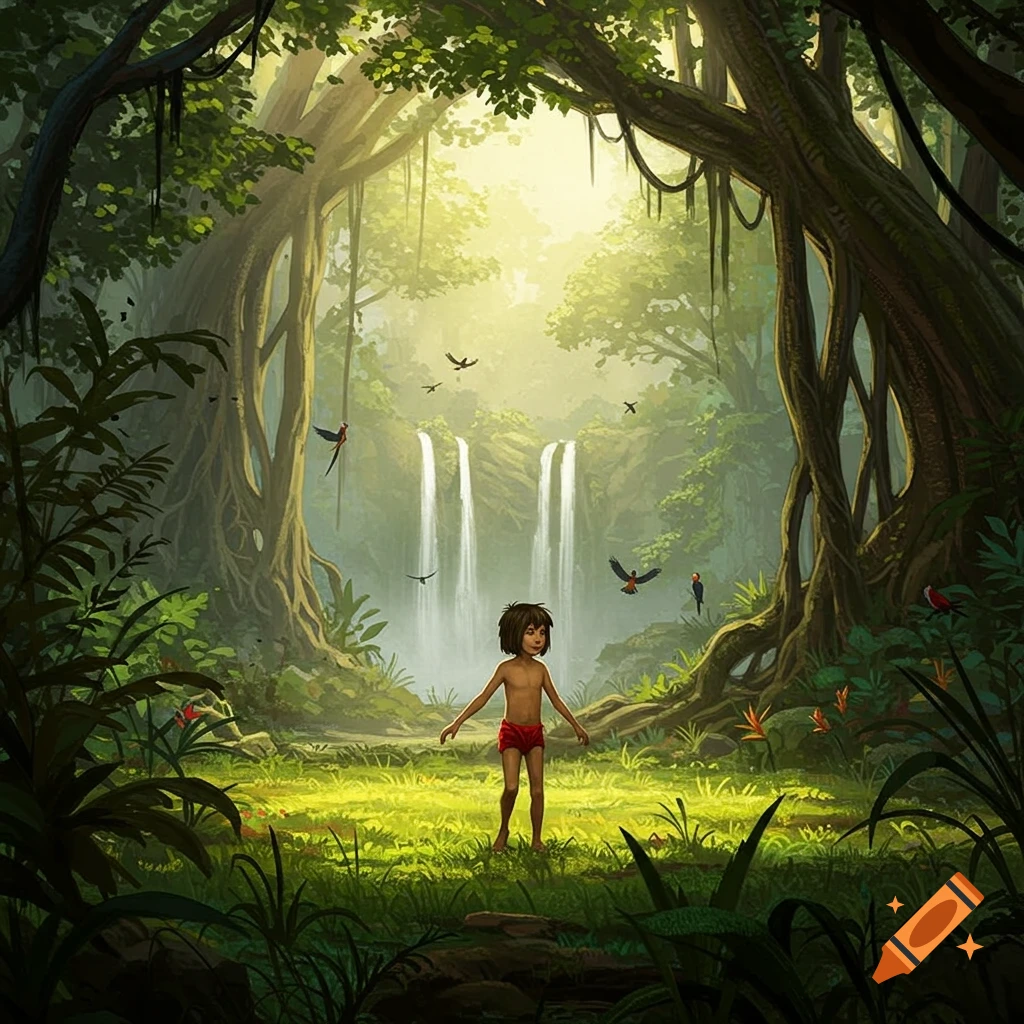 A young boy resembling Mowgli stands in a sunlit jungle clearing with waterfalls and birds.