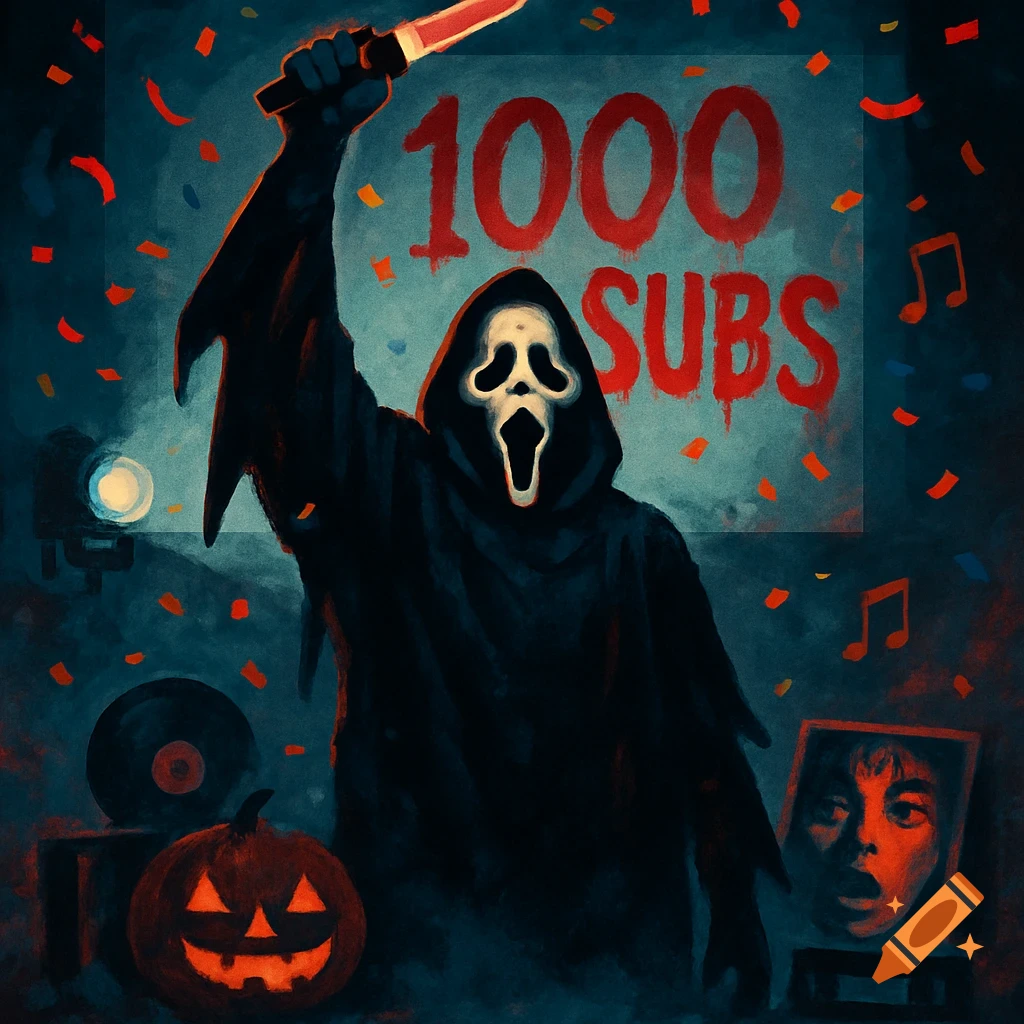 A stylized painting of Ghostface from Scream holding a knife aloft, standing in front of a screen displaying '1000 SUBS' with confetti falling. A jack-o'-lantern and musical notes are also visible.