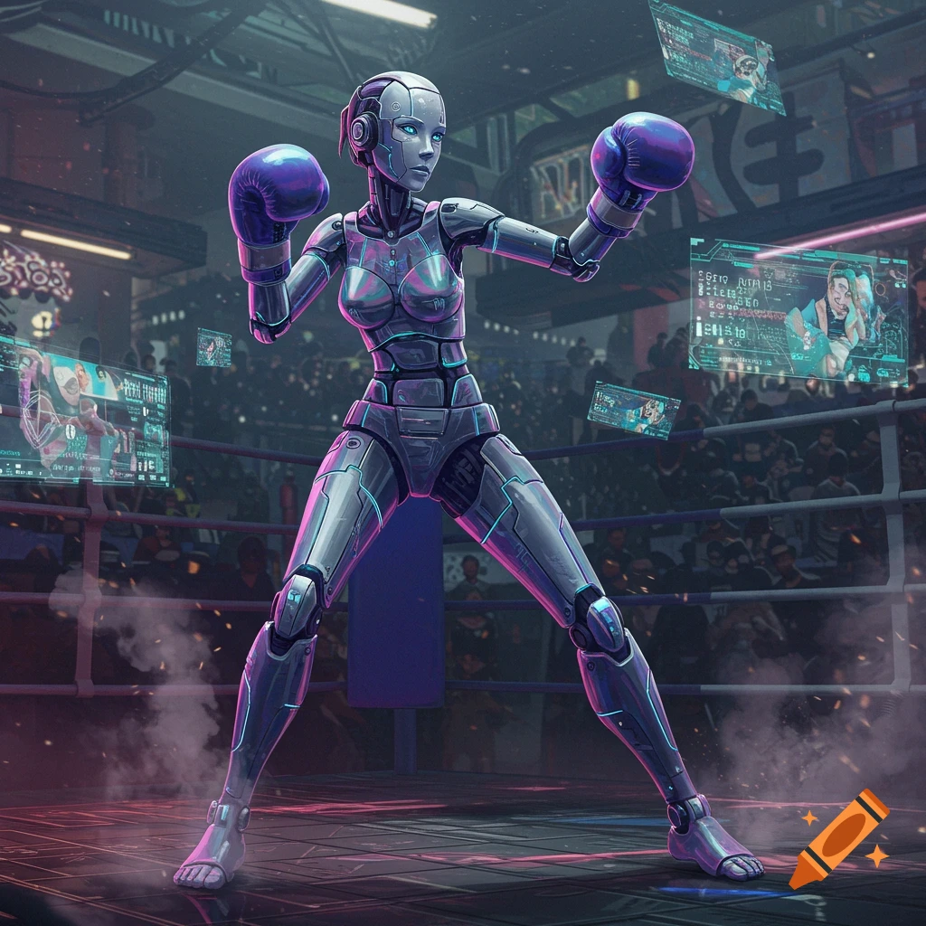 A female robot in boxing gloves stands in a futuristic boxing ring with holographic screens.