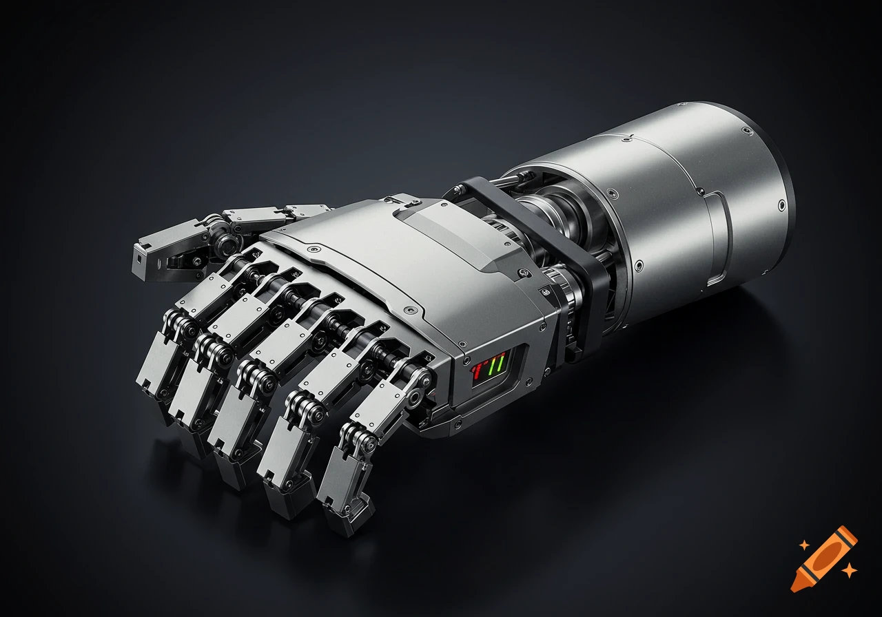 A detailed, photorealistic image of a metallic robotic hand with visible gears and joints, resting on a dark surface.