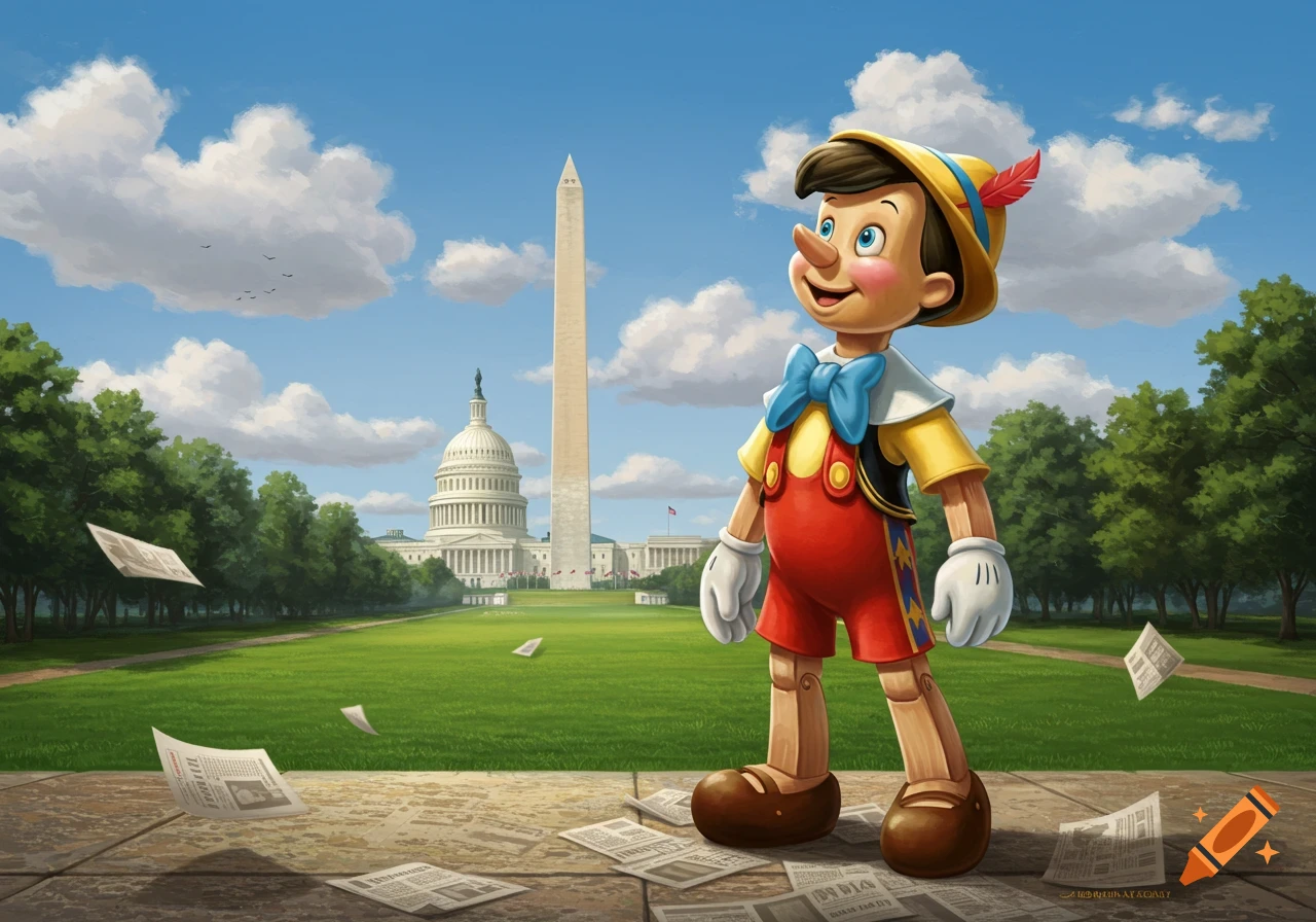 Pinocchio stands on a sidewalk with newspapers, looking at the Washington Monument and Capitol Building on a sunny day.
