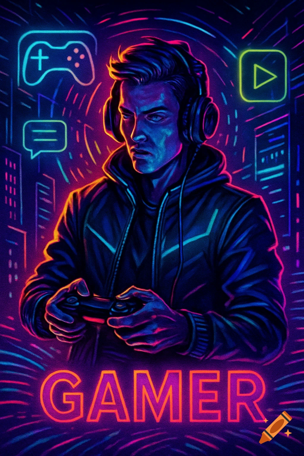 Neon-style illustration of a male gamer wearing headphones and holding a controller, with a futuristic city background and the word GAMER.