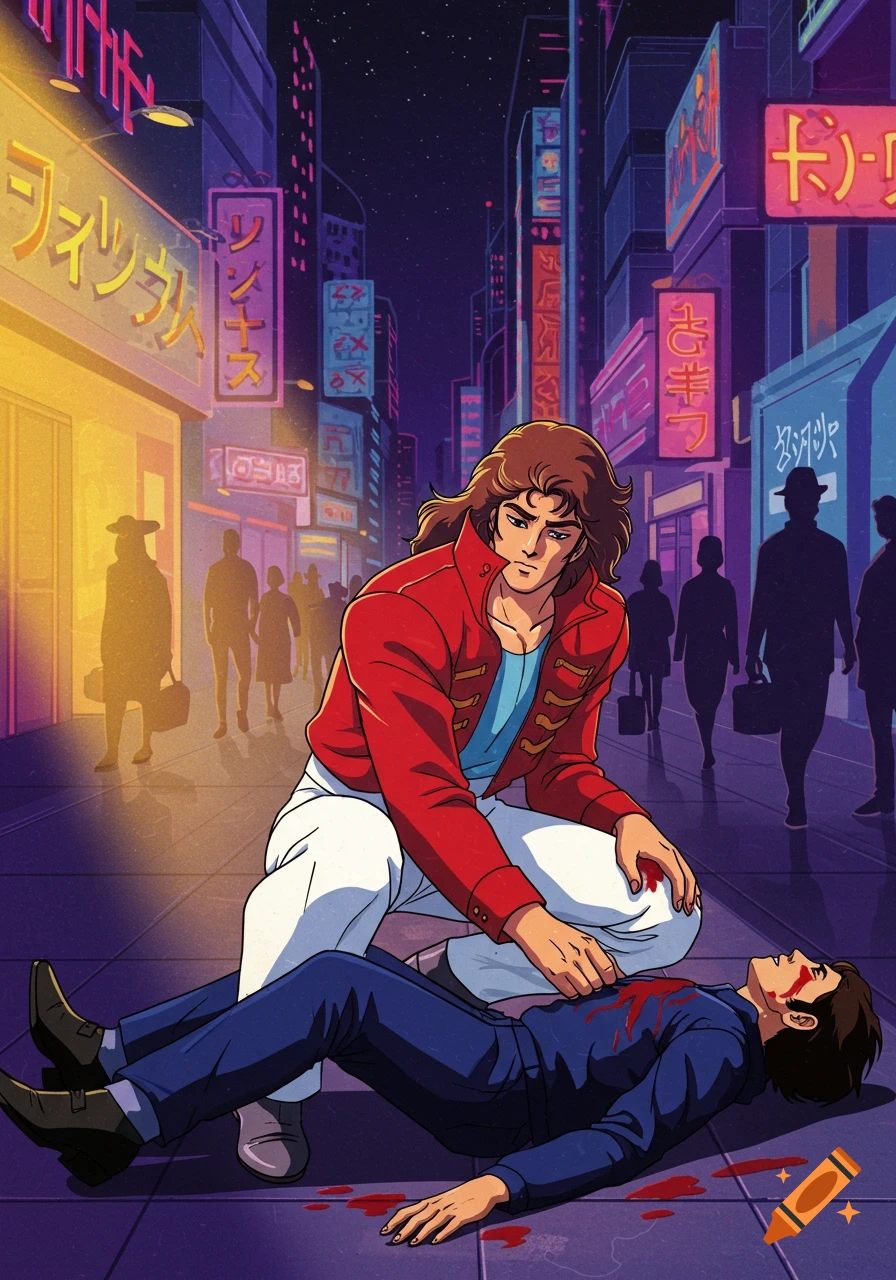 An 80s anime style illustration of a man kneeling over another man lying on a city street at night, with neon signs in the background. Blood is visible on the chest of the man on the ground.