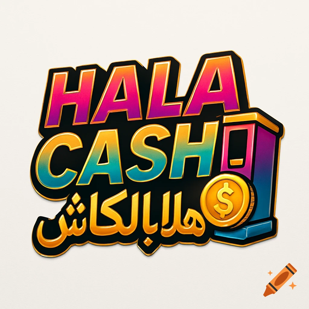 A vibrant 3D logo for 'Hala Cash' featuring bold English and Arabic text, a colorful coin machine, and a gold dollar coin.