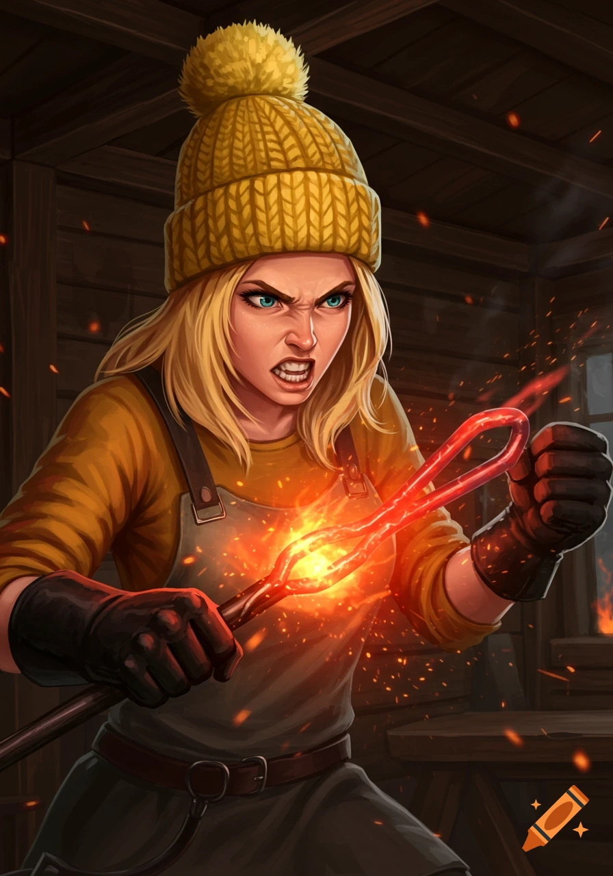 Angry blonde woman in a yellow knit hat and apron, holding a glowing red metal poker in a blacksmith's forge. Character art style.