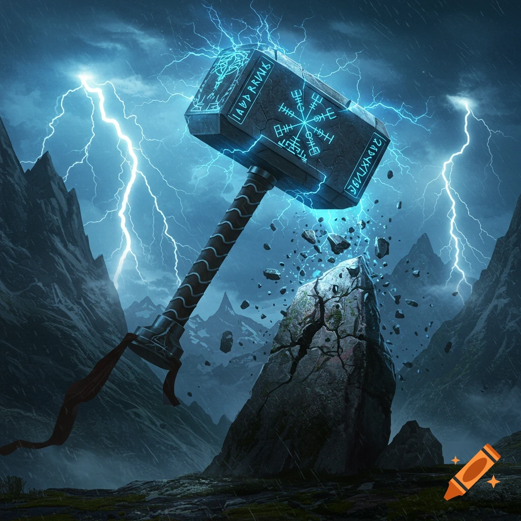A massive, glowing war hammer with runes strikes a stone in a stormy mountain landscape with lightning.