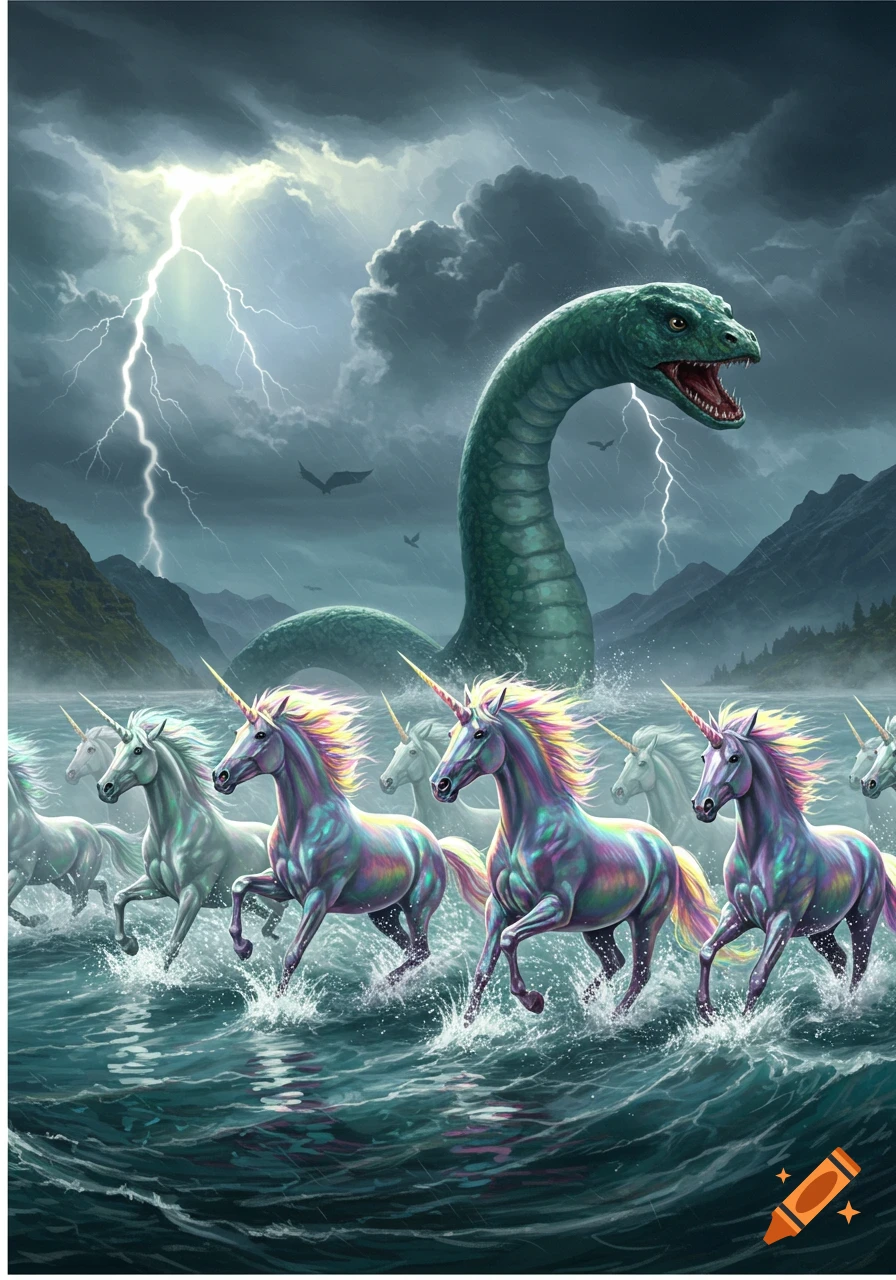 Colorful unicorns run through stormy water as the Loch Ness Monster rises from the dark lake under lightning and rain.