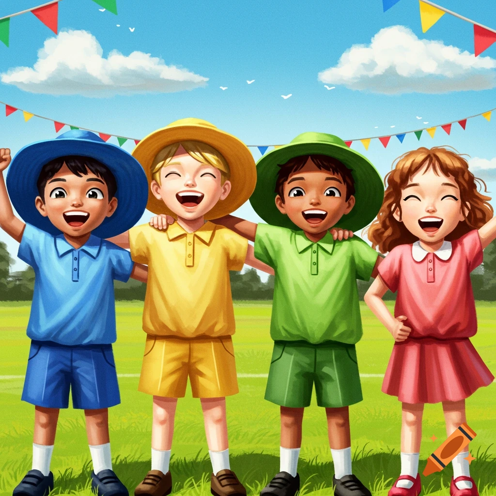 Four happy children in blue, yellow, green, and pink sports uniforms stand on a grassy field under a blue sky with festive bunting.