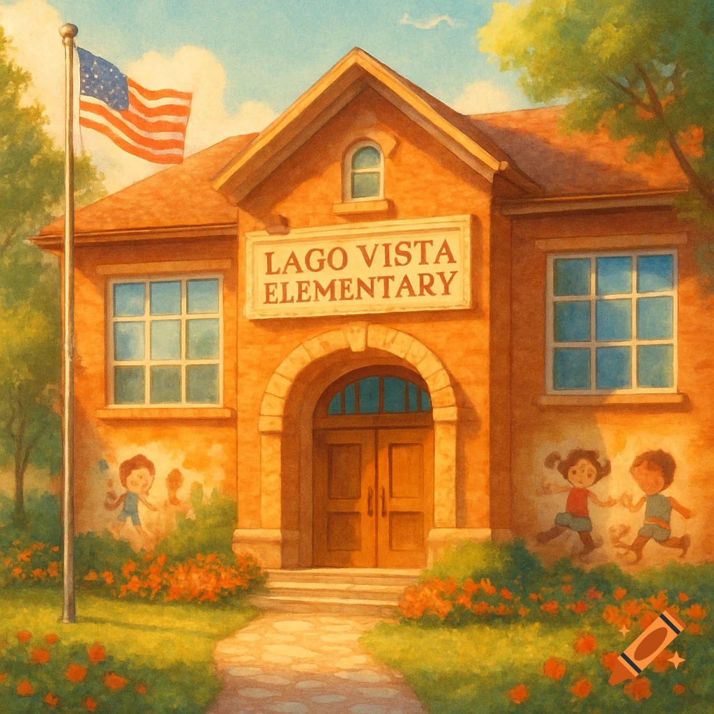 A watercolor painting of a brick elementary school with 'LAGO VISTA ELEMENTARY' on a sign, an American flag, and children on the wall.