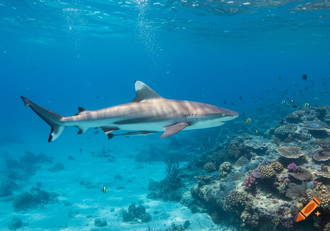 A realistic side view of a whitetip reef shark swimming over a vibrant coral reef in clear blue water.