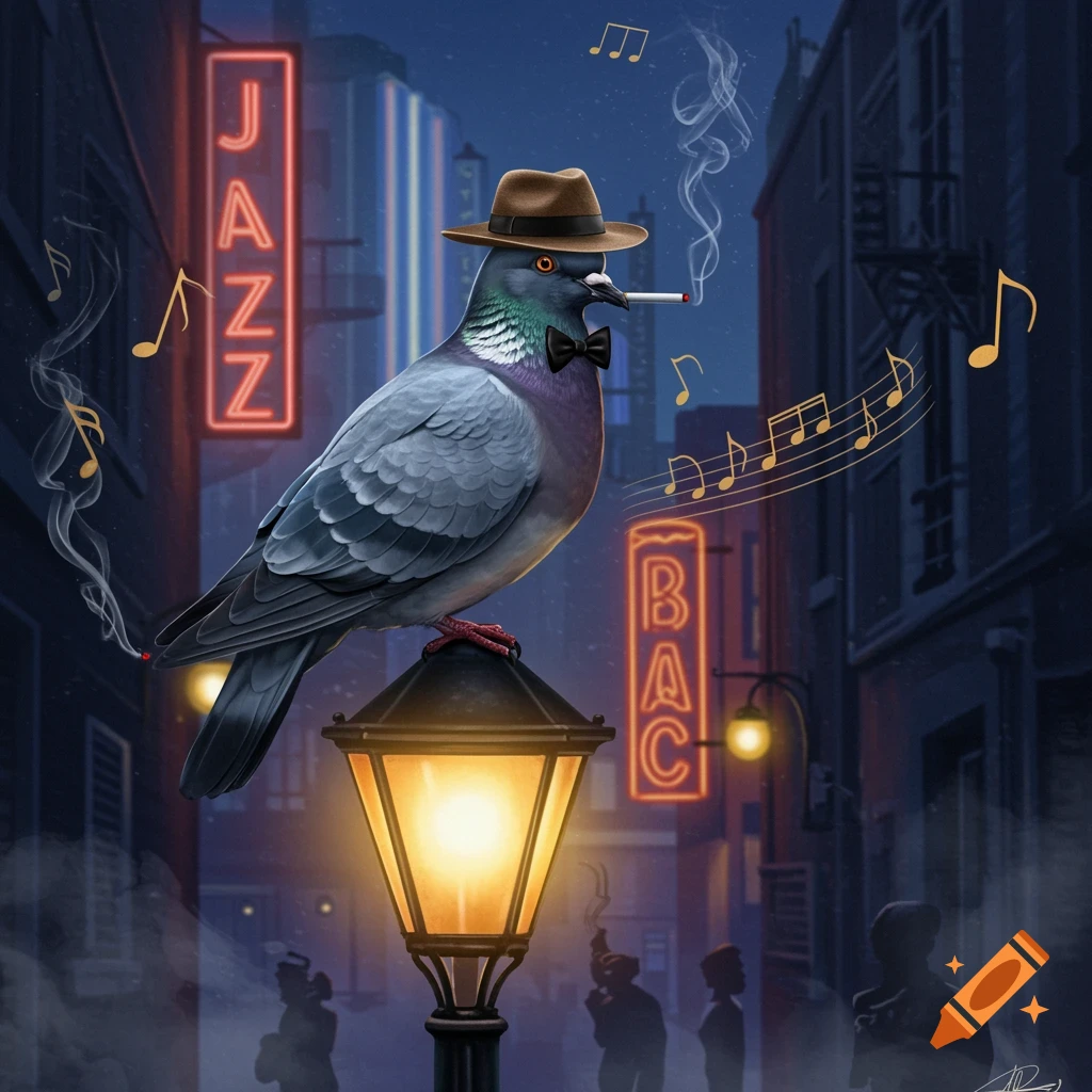 A pigeon in a fedora and bow tie smokes on a lamppost in a rainy city alley with neon jazz signs and music notes.