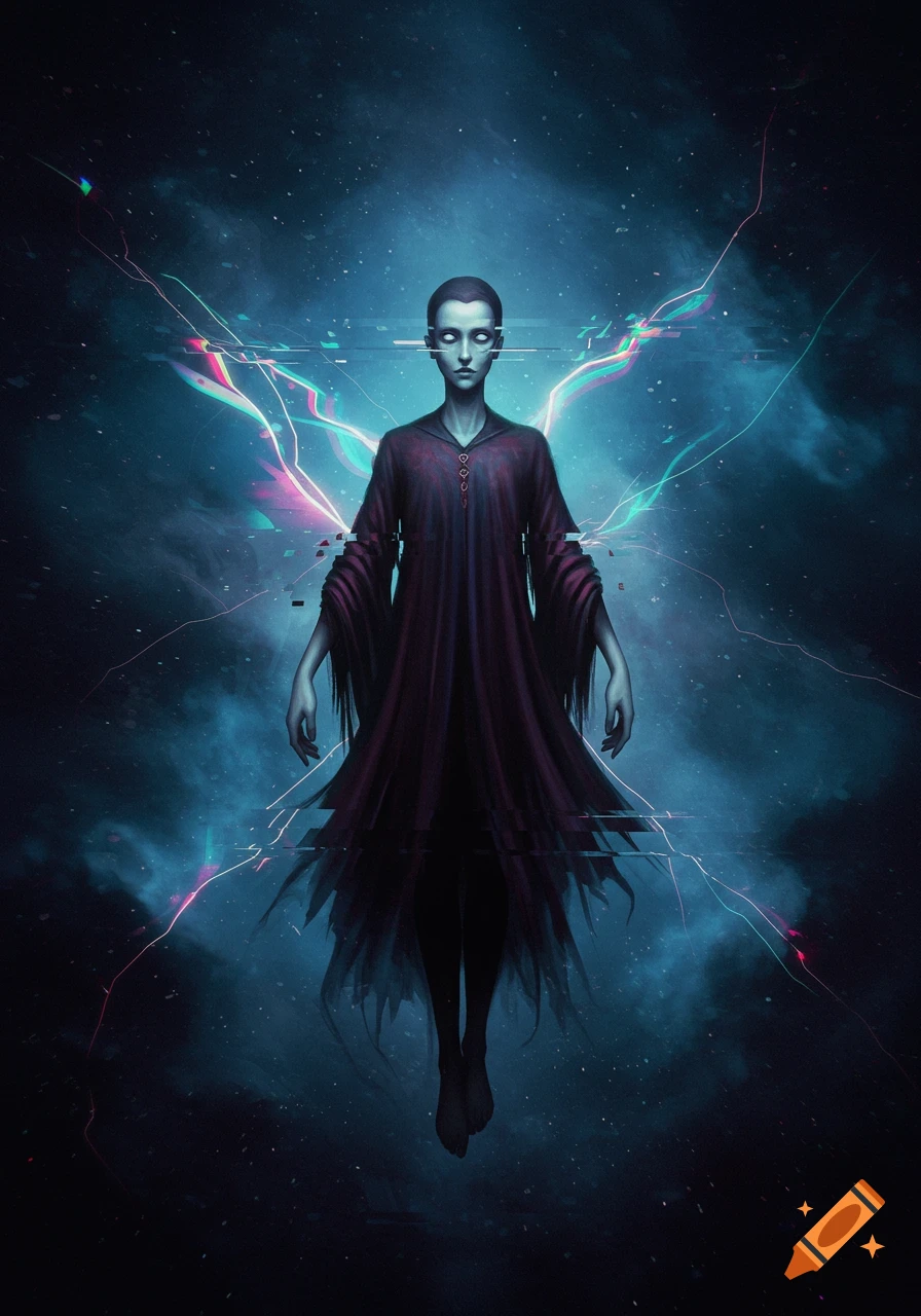 A bald, pale figure in a flowing dark robe floats in a dark, ethereal space with glowing pink and blue glitch lines.