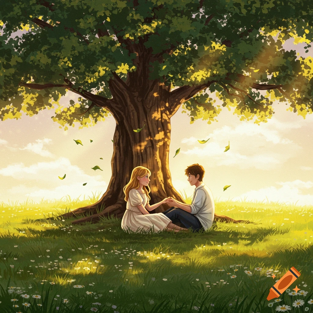 An illustration of a young couple holding hands under a large tree in a sunny, grassy field.
