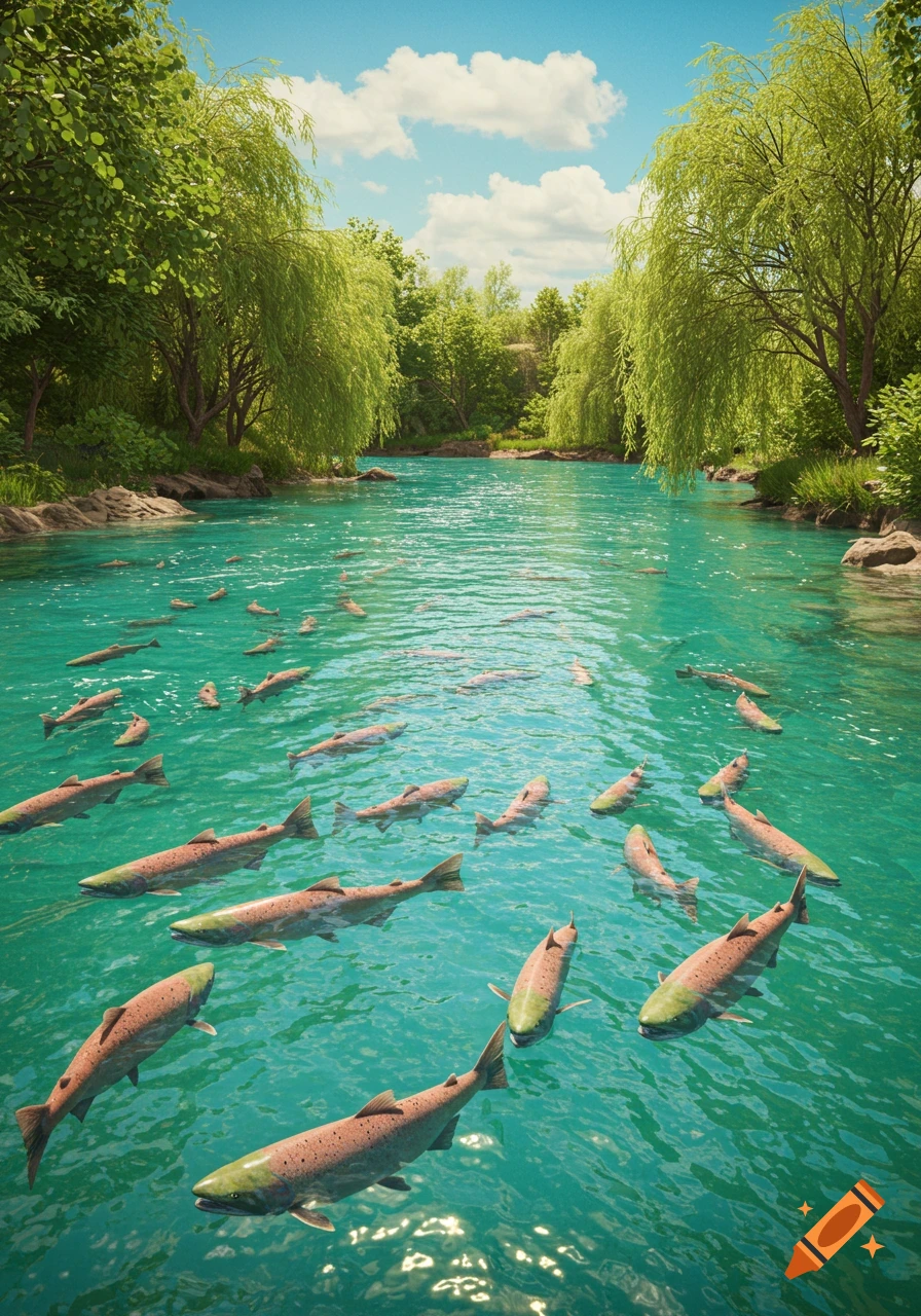 Many salmon swimming upstream in a clear turquoise river surrounded by lush green trees under a blue sky.