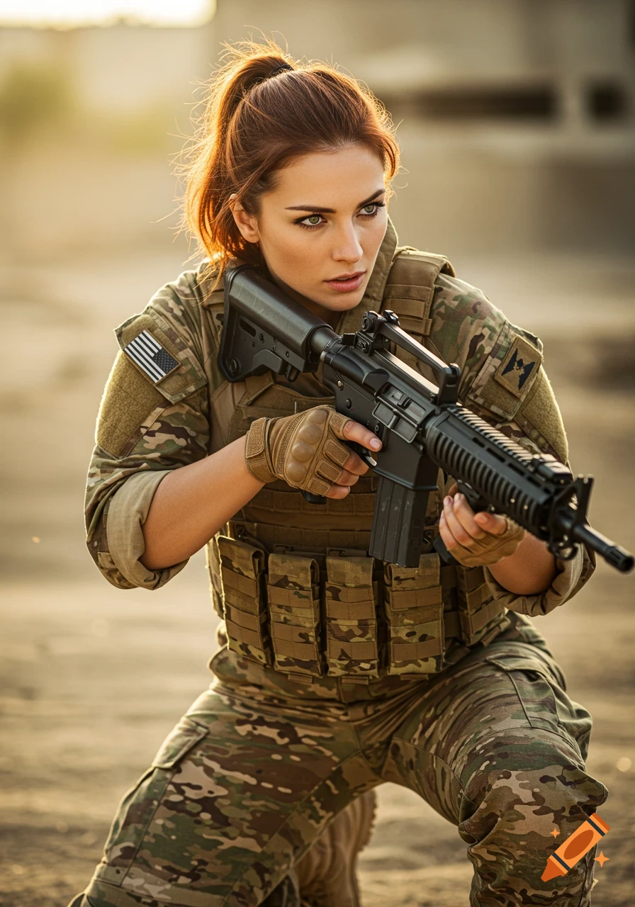 A photorealistic image of a female soldier with auburn hair in tactical gear, holding an M4A1 Carbine, outdoors.
