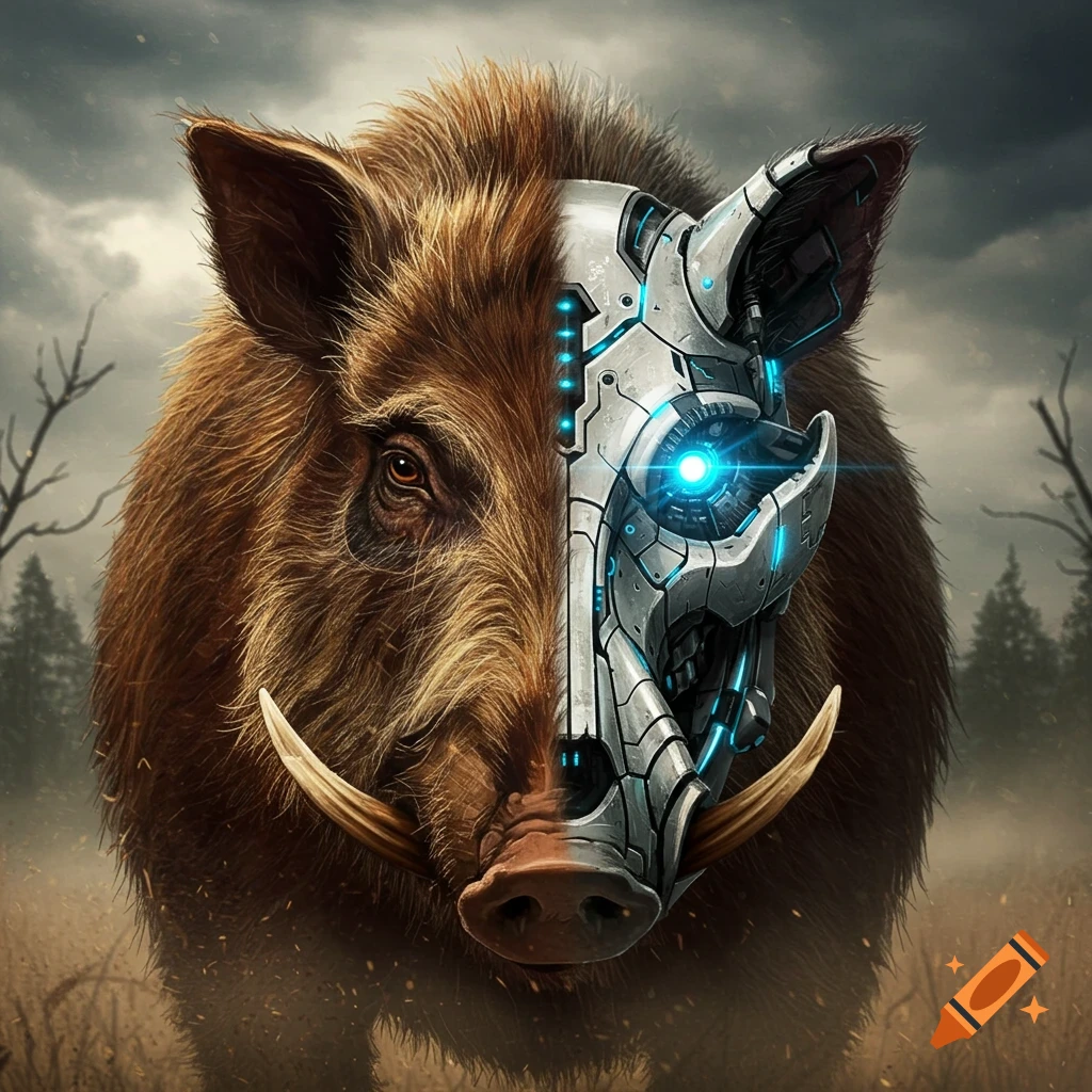 Half of a boar's face is organic and hairy, while the other half is a metallic robotic skull with glowing blue lights, set in a desolate landscape.