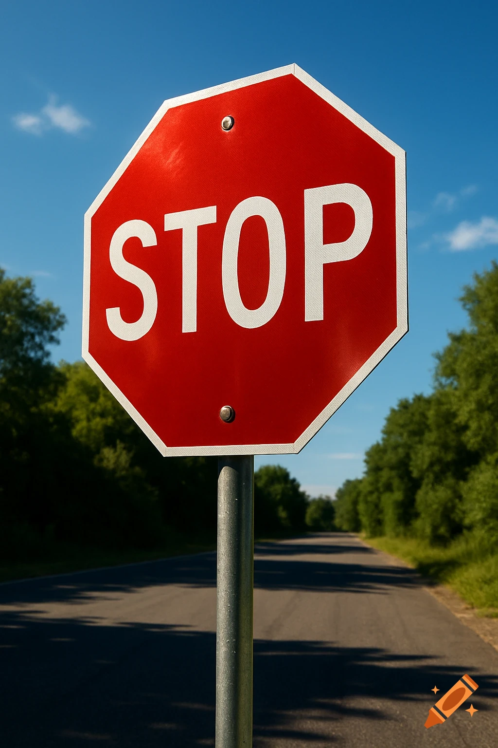 A red octagonal stop sign with 'STOP' text on a pole on a road with trees under a blue sky.