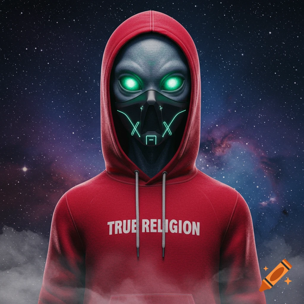 An alien in a red hoodie with glowing green eyes and a futuristic mask stands against a starry space background.