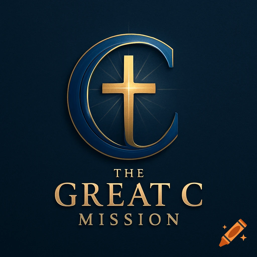 A gold cross intersecting a blue and gold stylized letter C, above the words 'THE GREAT C MISSION' on a dark blue background.