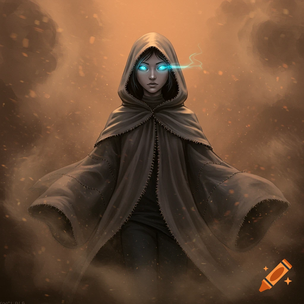 A mysterious figure in a dark hooded cloak with glowing blue eyes stands amidst swirling dust.