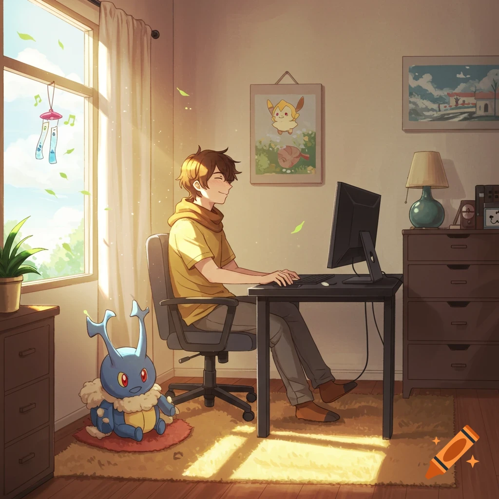 A cozy anime drawing of a smiling young man at a computer desk, with a Heracross plushie and a sunny window.