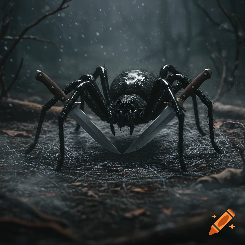 A realistic black spider with two knives protruding from its front legs, standing on a misty web in a dark, rainy forest.
