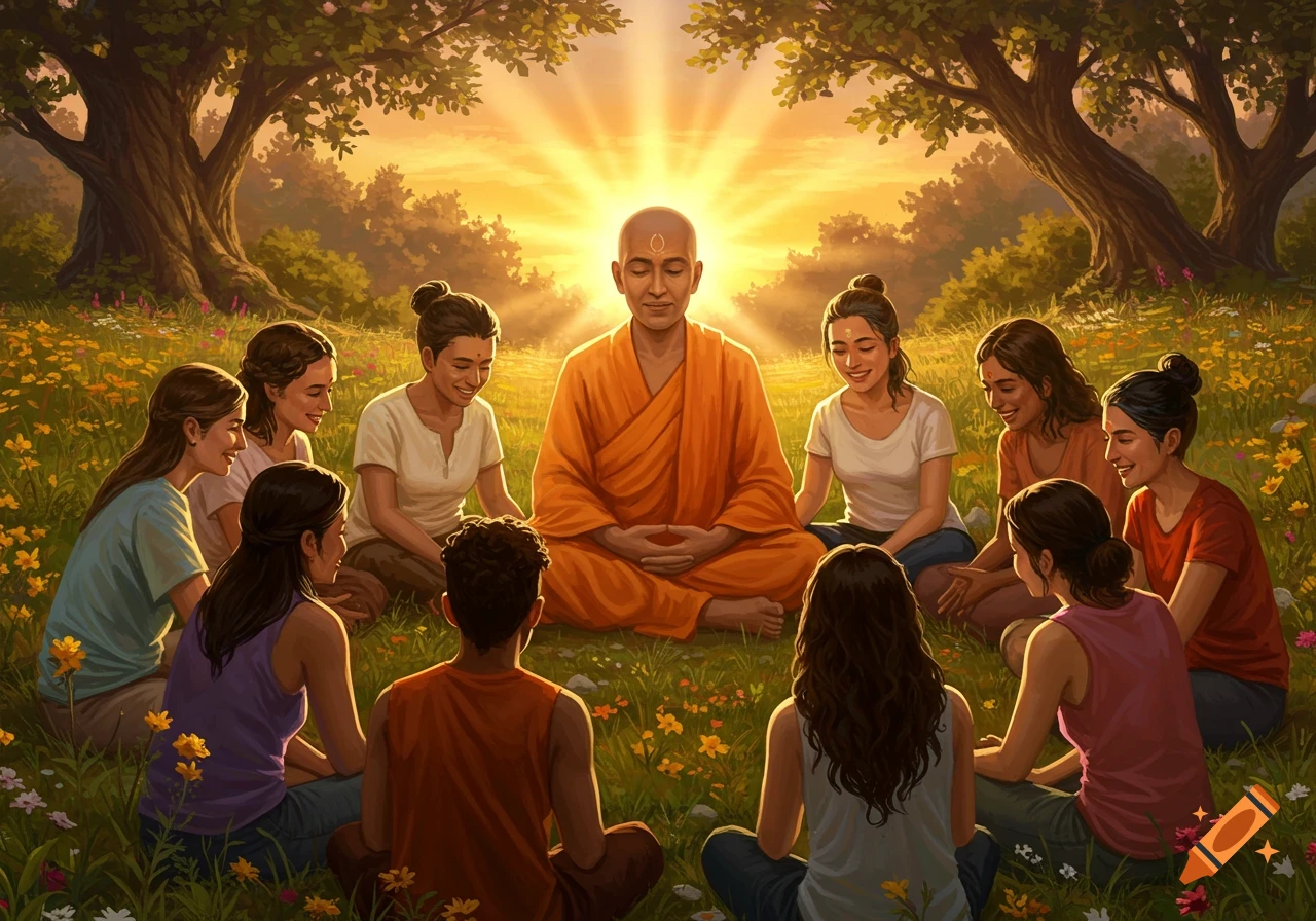A spiritual teacher meditates in a vibrant grassy field, surrounded by smiling friends in a circle, with a bright sun halo.