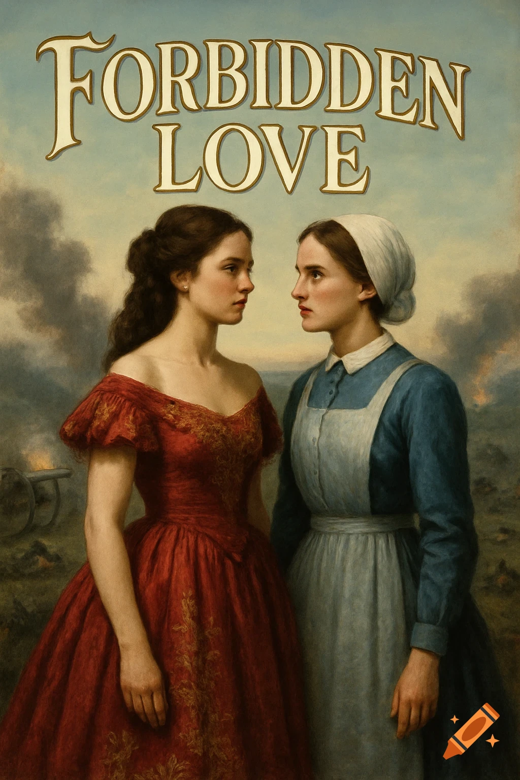 Painting of two women in historical dresses, a Southern belle and a Union nurse, looking at each other on a battlefield, with 'FORBIDDEN LOVE' text above.
