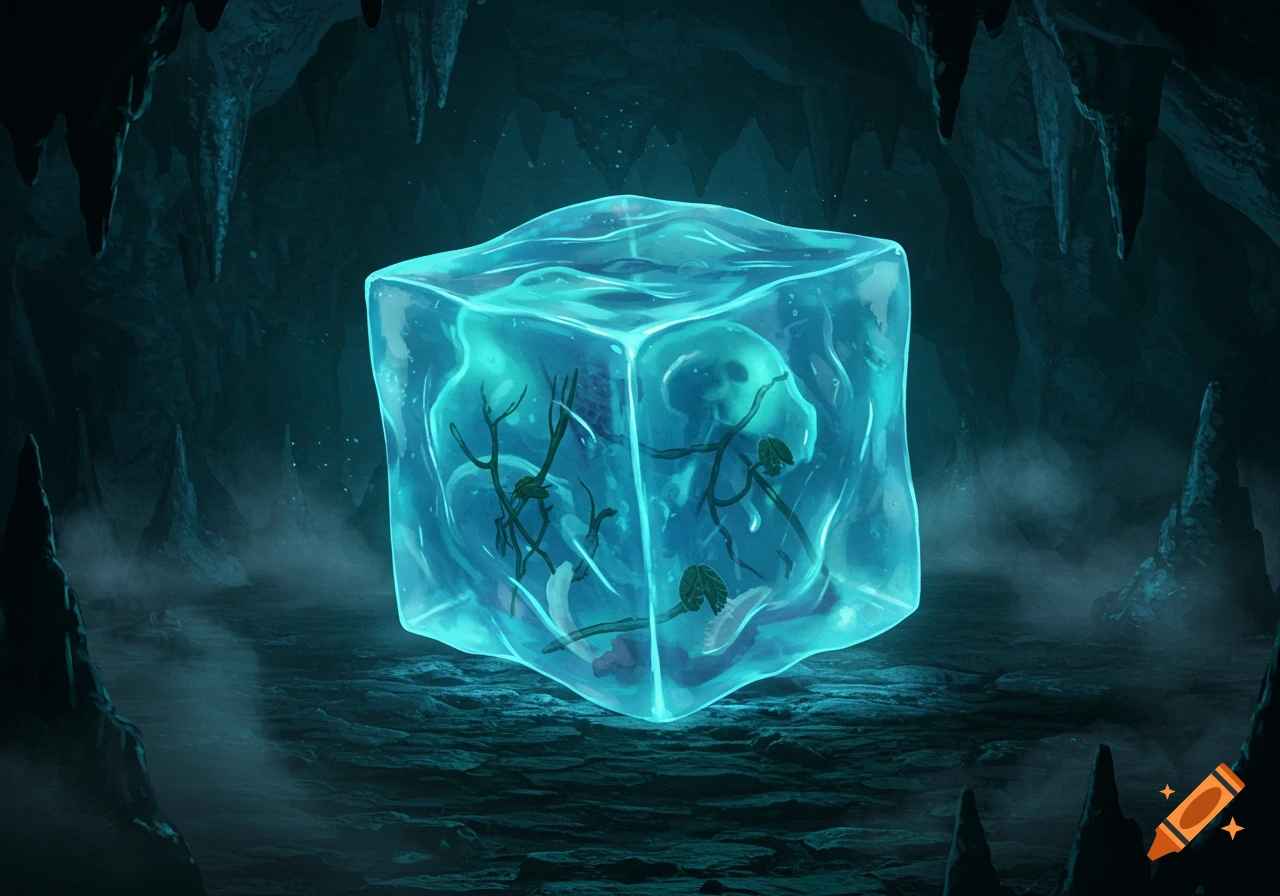 A glowing, translucent blue gelatinous cube sits on rocky ground in a dark, misty cave with stalactites.