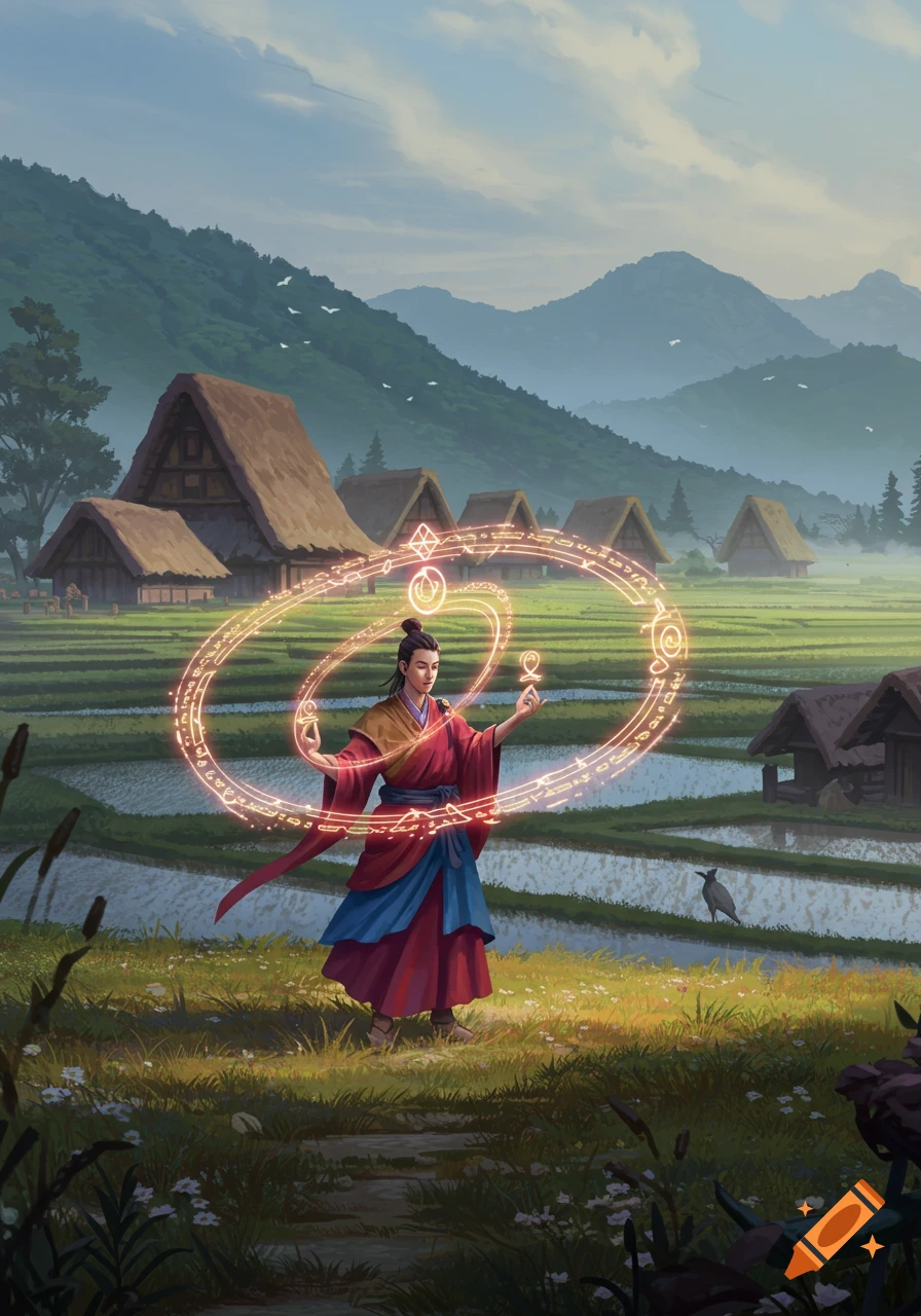 An Asian shugenja in colorful robes casts a spell with glowing golden symbols in a rural rice field village.