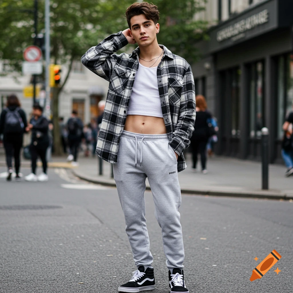 A young man posing on a city street, wearing a plaid shirt, white crop top, gray sweatpants, and black sneakers.