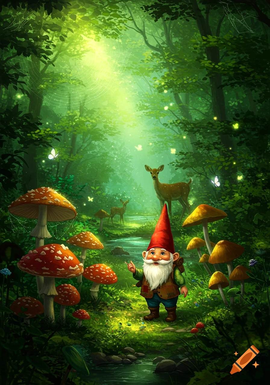 A cute gnome with a red hat and white beard stands in a vibrant, magical forest with tall mushrooms, a stream, and deer.