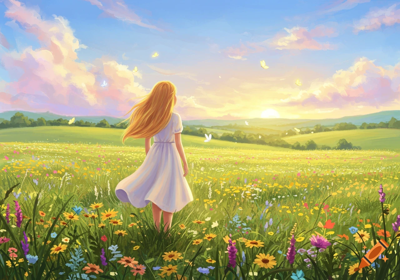 A blonde girl in a white dress stands in a colorful wildflower meadow at sunrise, facing away, with butterflies in the sky. Digital art.