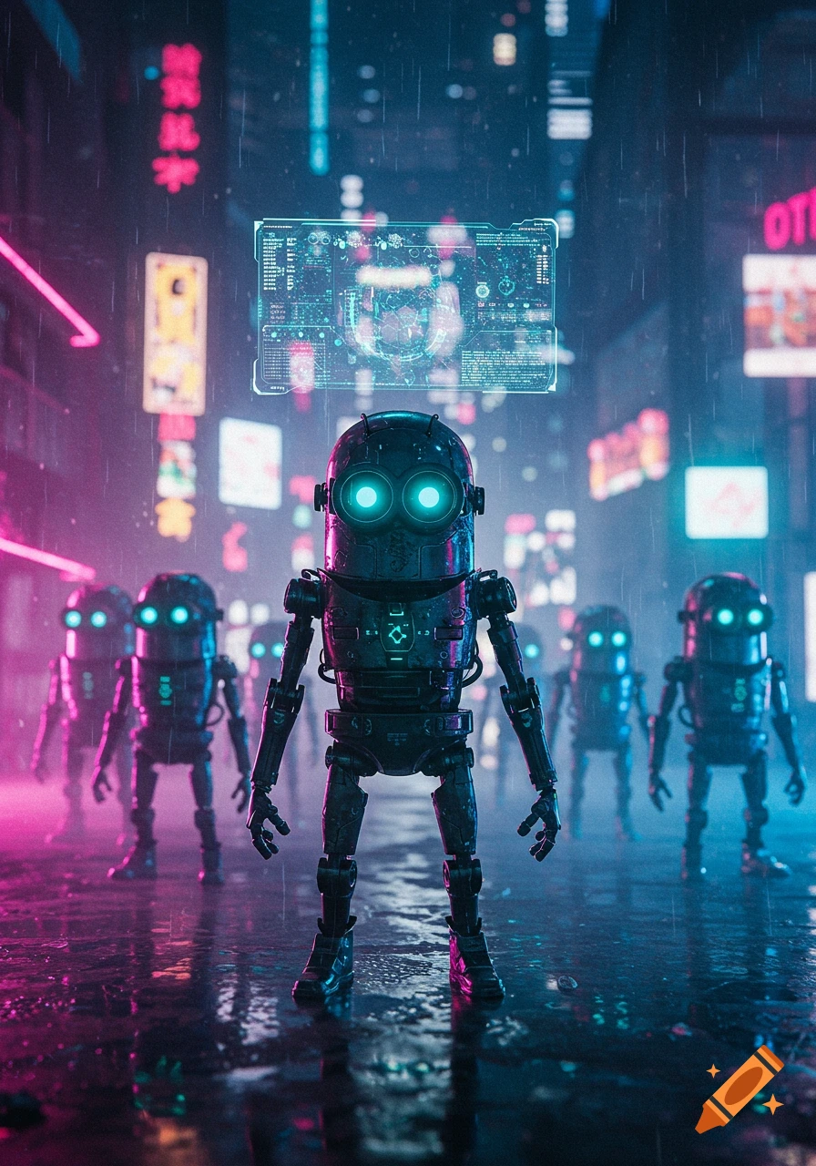 Several robots with glowing eyes stand on a wet street in a rainy, neon-lit cyberpunk city.