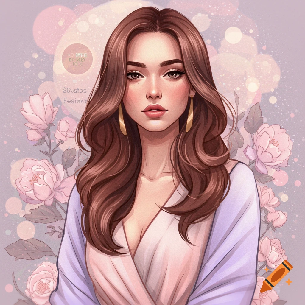 Stylized digital portrait of a woman with long brown hair, large gold earrings, and a pink and purple wrap, surrounded by pink flowers.