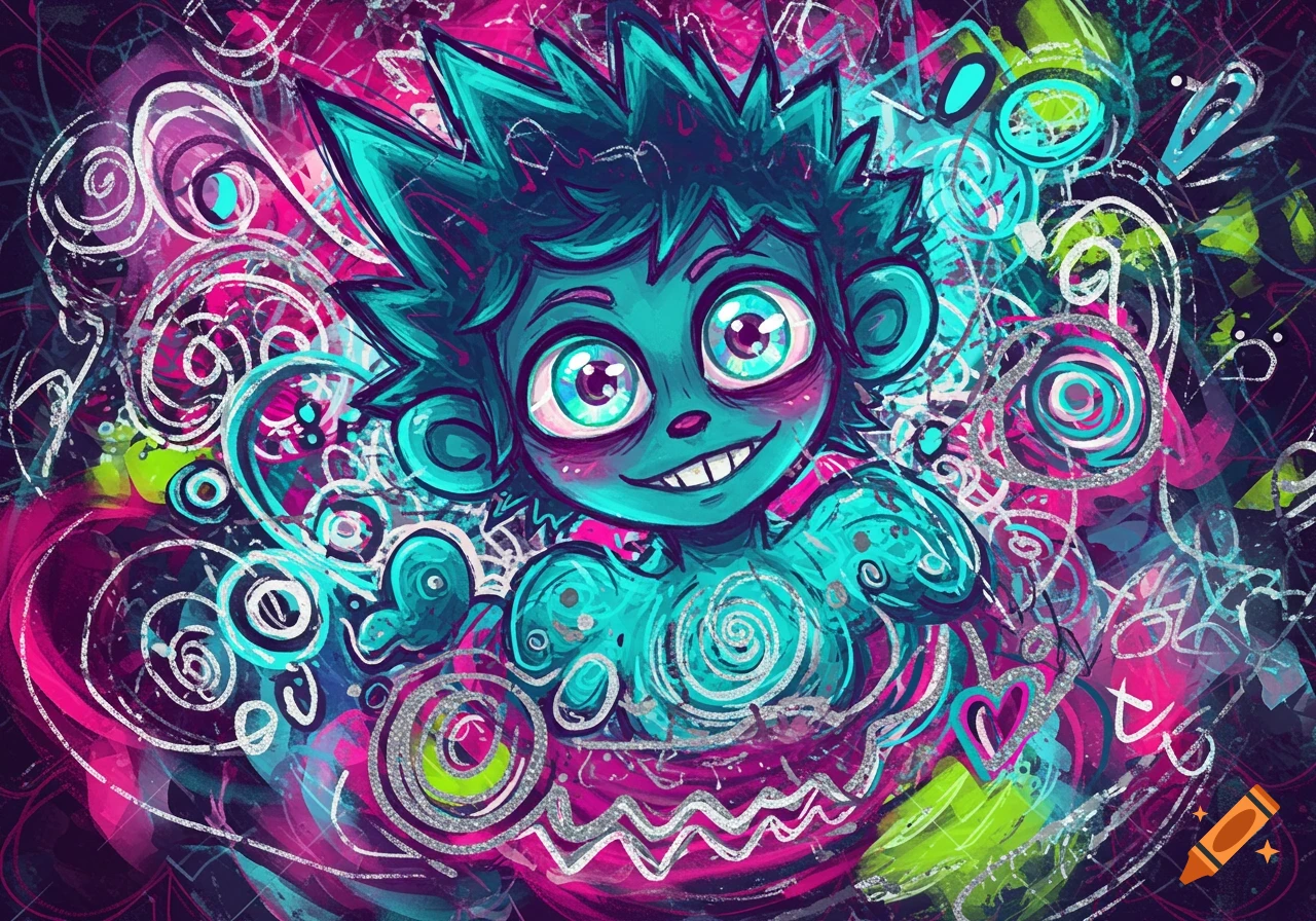 A vibrant, cartoonish teal-skinned boy with spiky hair and wide eyes smiles amidst chaotic neon pink, teal, and lime green abstract patterns.