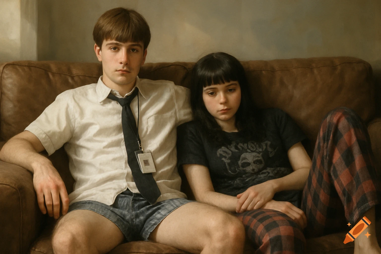 A serious-looking young man with bangs and a tie sits on a brown couch next to a young woman with bangs and an emo shirt.