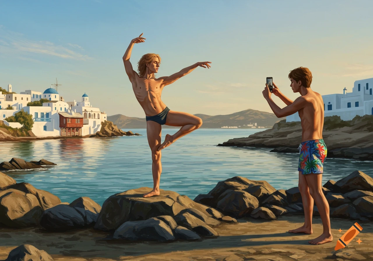 An illustrated image of a male dancer posing on a rocky Greek island shore as another man takes his photo.