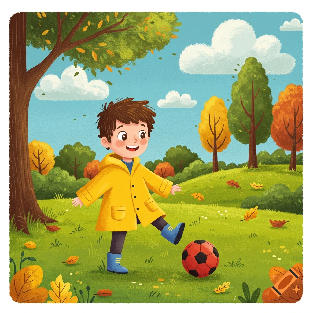 Cartoon boy in yellow raincoat playing soccer in a park with autumn leaves.