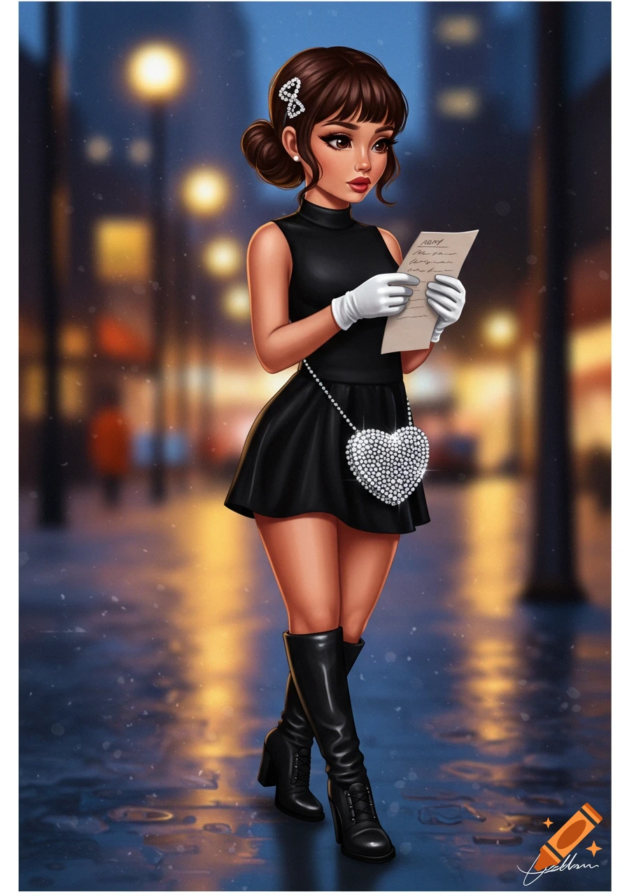 Stylized illustration of a woman in a black dress and boots, holding a paper, walking on a wet city street at night.