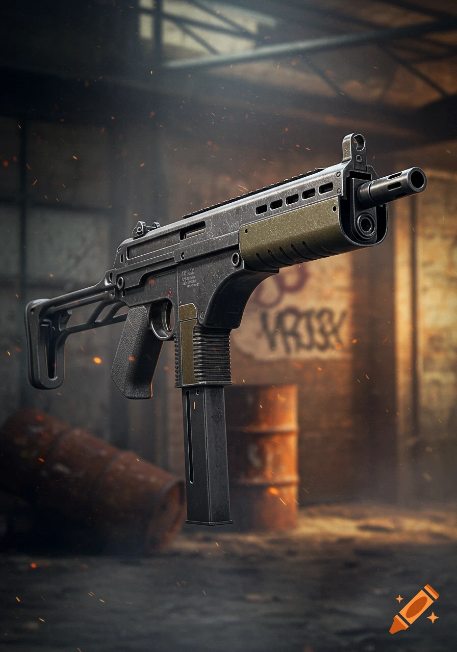 A photorealistic depiction of a PP-Bizon submachine gun in an abandoned industrial setting.