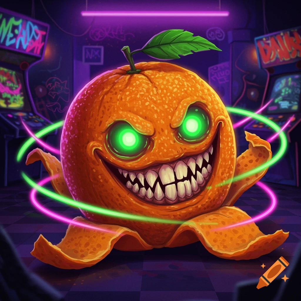 A creepy, monstrous orange with glowing green eyes and sharp teeth, sitting in a neon-lit arcade with game machines.