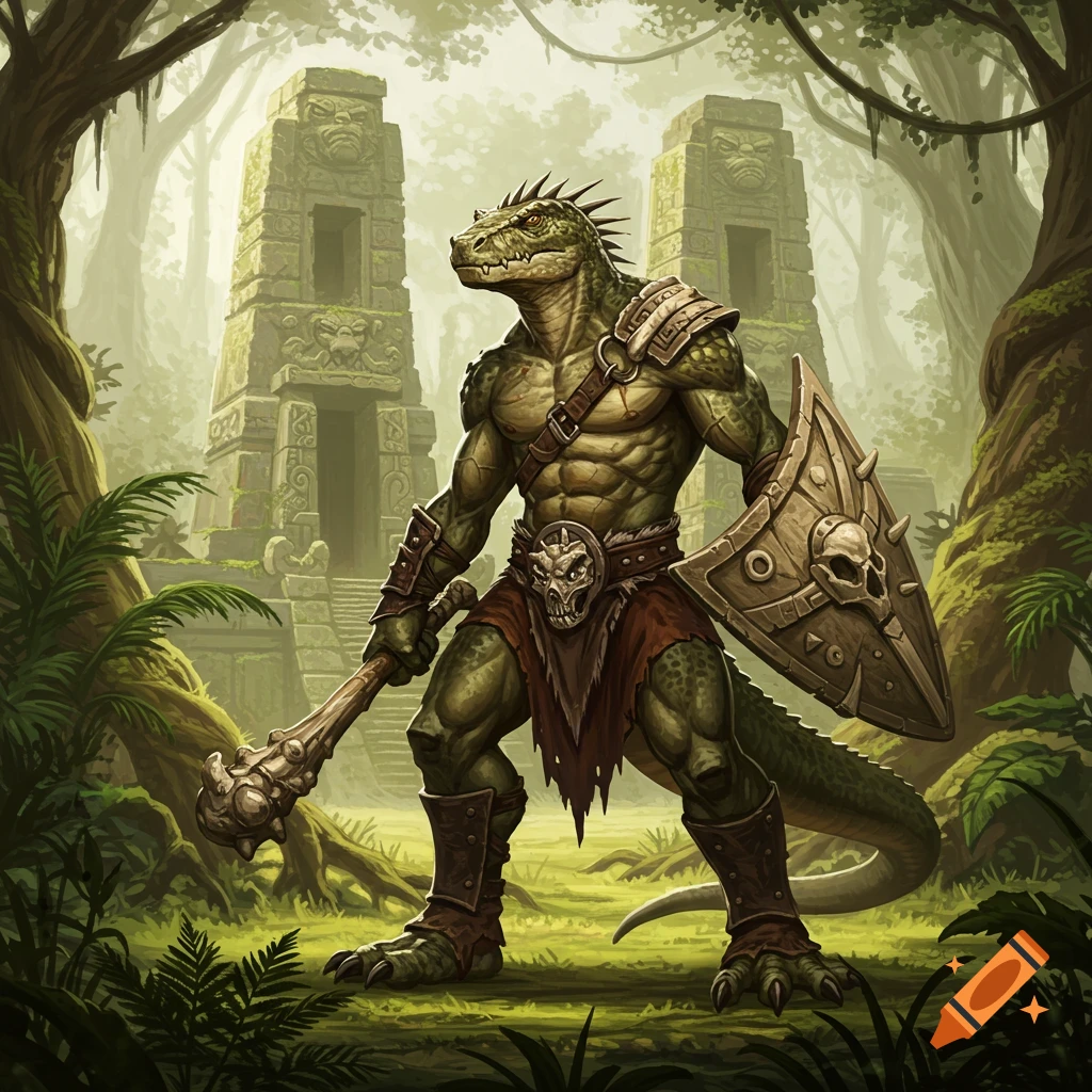 A powerful Lizardfolk warrior with a club and shield stands in a misty jungle before ancient temples.