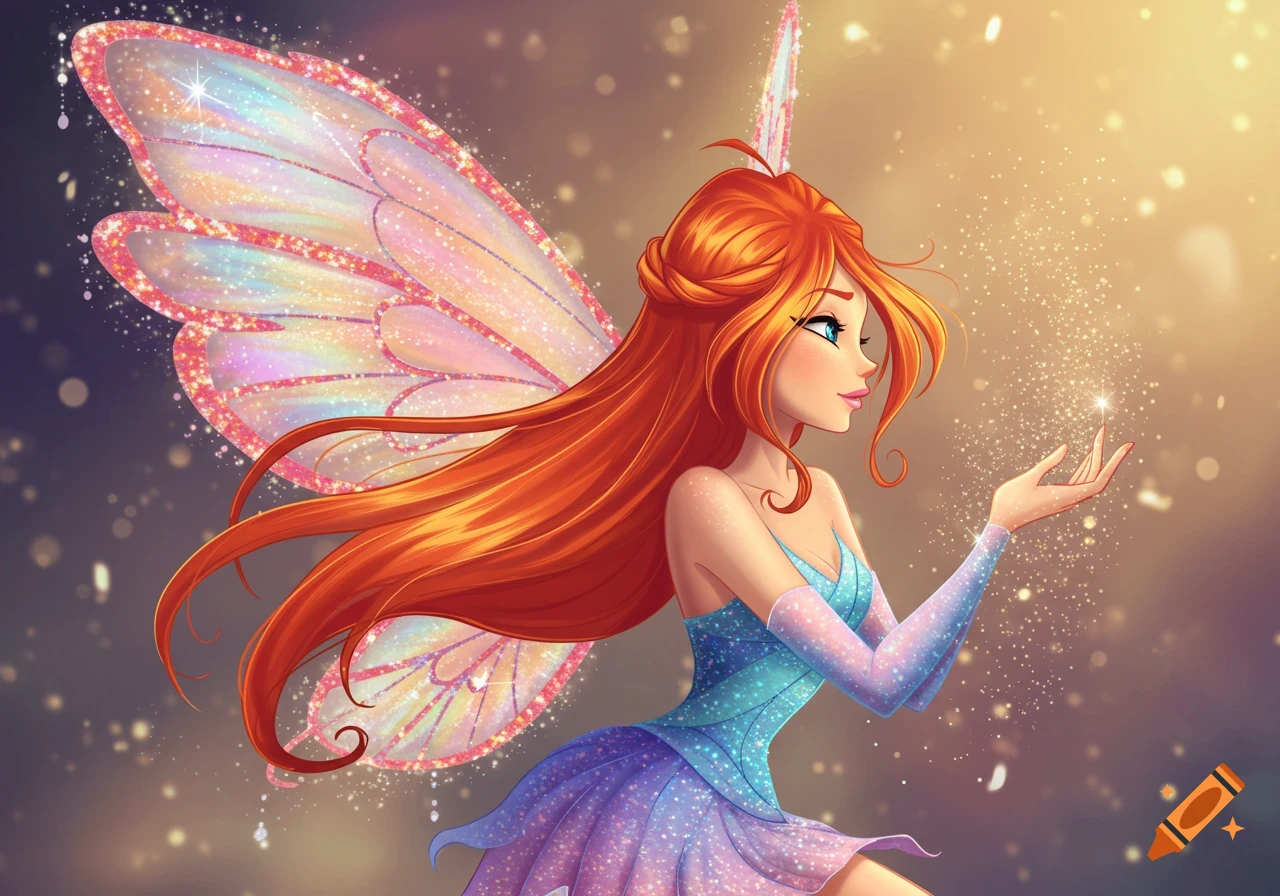 A cartoon illustration of Bloom from Winx Club, a red-haired fairy with shimmering wings holding sparkling magic.