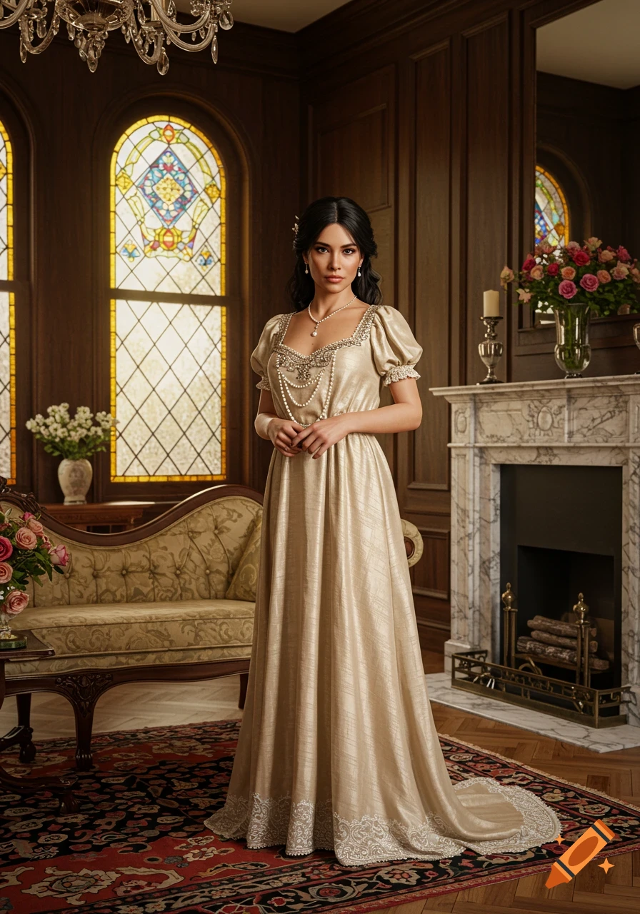 A young woman in a shimmering gold gown with pearls stands in an elegant room with stained glass windows and a fireplace.